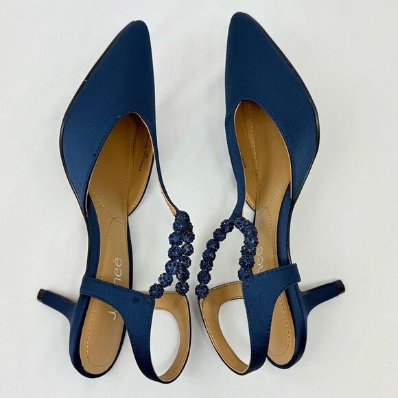 J. Renee NIMAH Navy Blue Sparkle Bead Pointed Toe T Strap Slingback Heels - Picture 13 of 16